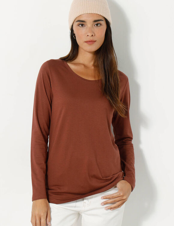 T-shirt col rond manches longues uni (chocolat) T-shirt col rond manches longues uni (chocolat)